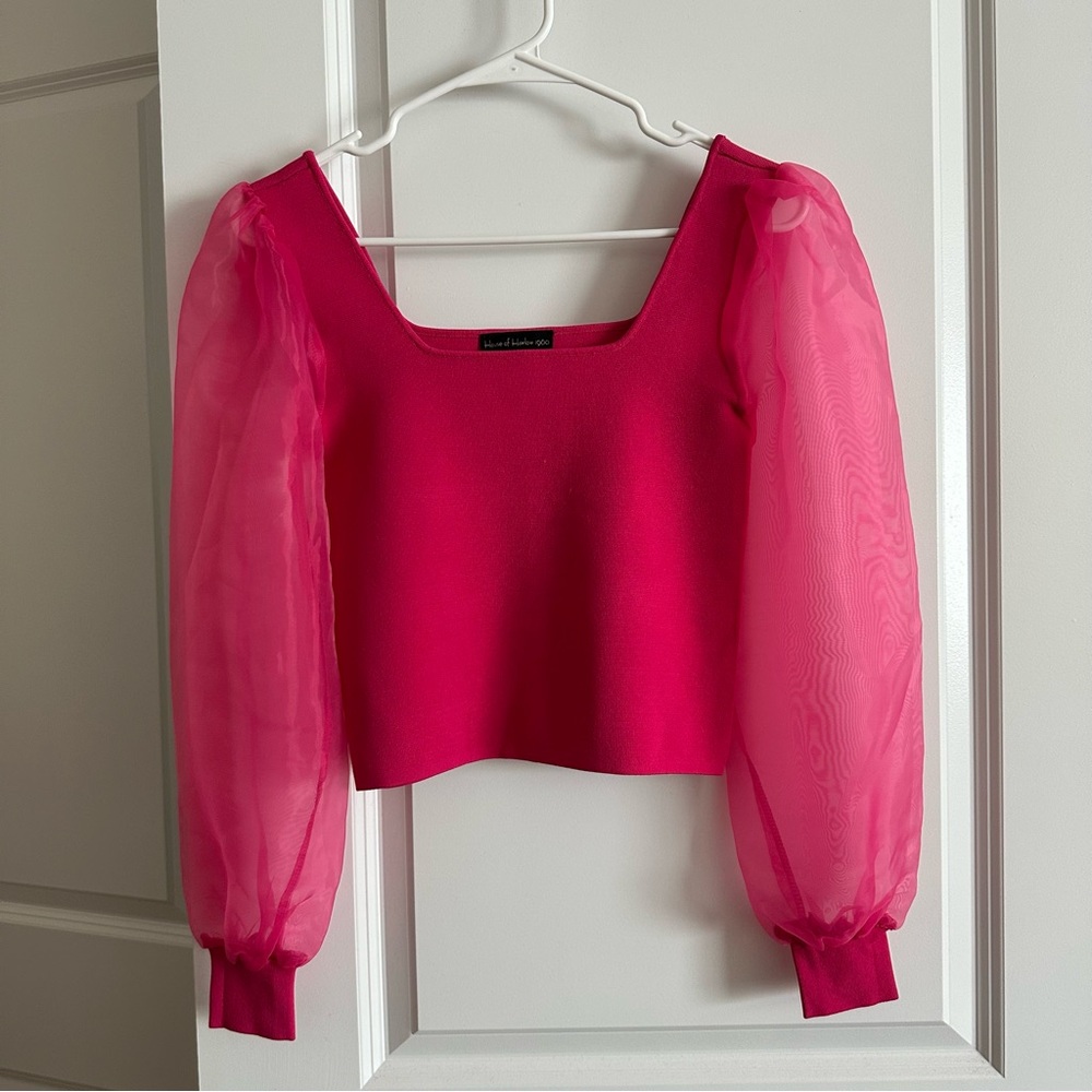 House of Harlow Hot Pink Crop Top with Sheer Sleeves Size XS